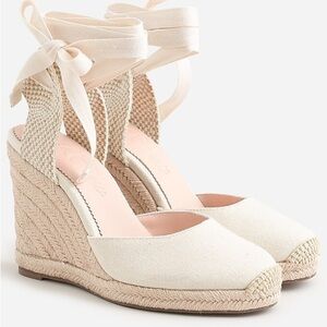 J. Crew Cream Round Toe Canvas Espadrille Wedges Size 9.5 Made in Spain